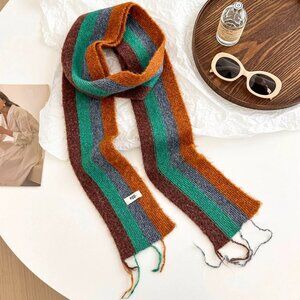 Striped Knit Scarf in Green, Brown, and Orange